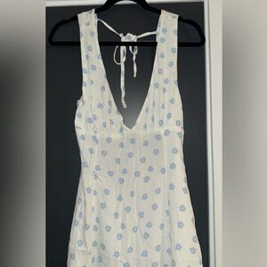 Princess Polly white and blue low-back summer maxi dress